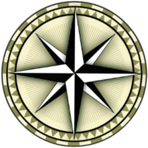 A compass rose symbol with eight black and white points inside a circular design with a geometric border.